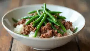 Rindfleisch Reis grüne Bohnen