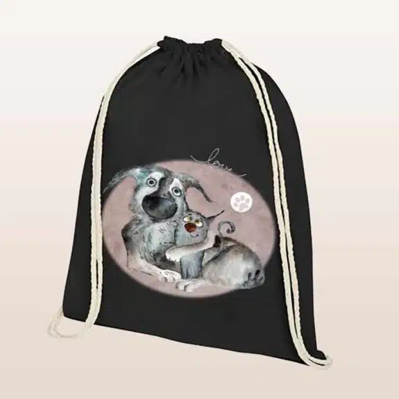 Baumwollbeutel mit Kordelzug schwarz Cat & Doglove