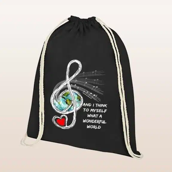 Baumwollbeutel mit Kordelzug schwarz wunderbare Welt
