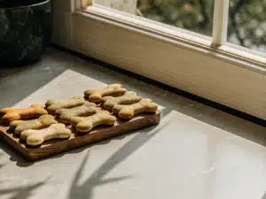 Kleine Hundekekse in Knochenform auf einem Holzbrett