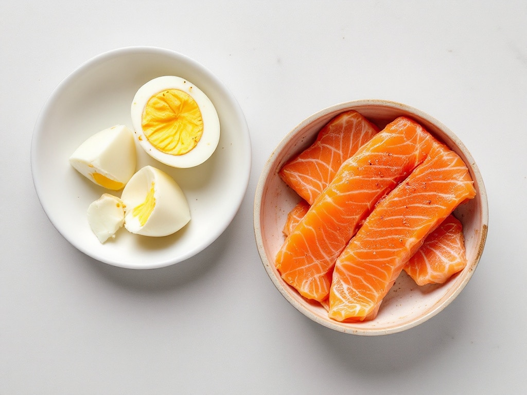 Gegarter Lachs und ein hart gekochtes Ei für Katzenleckerli