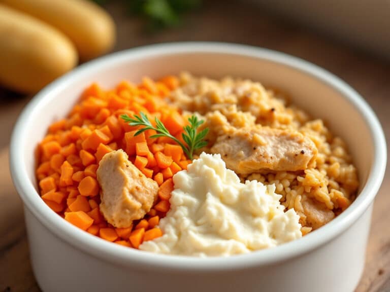 Gekochtes Hähnchen mit weichem Reis, Karotten und körnigem Frischkäse in einem Napf.