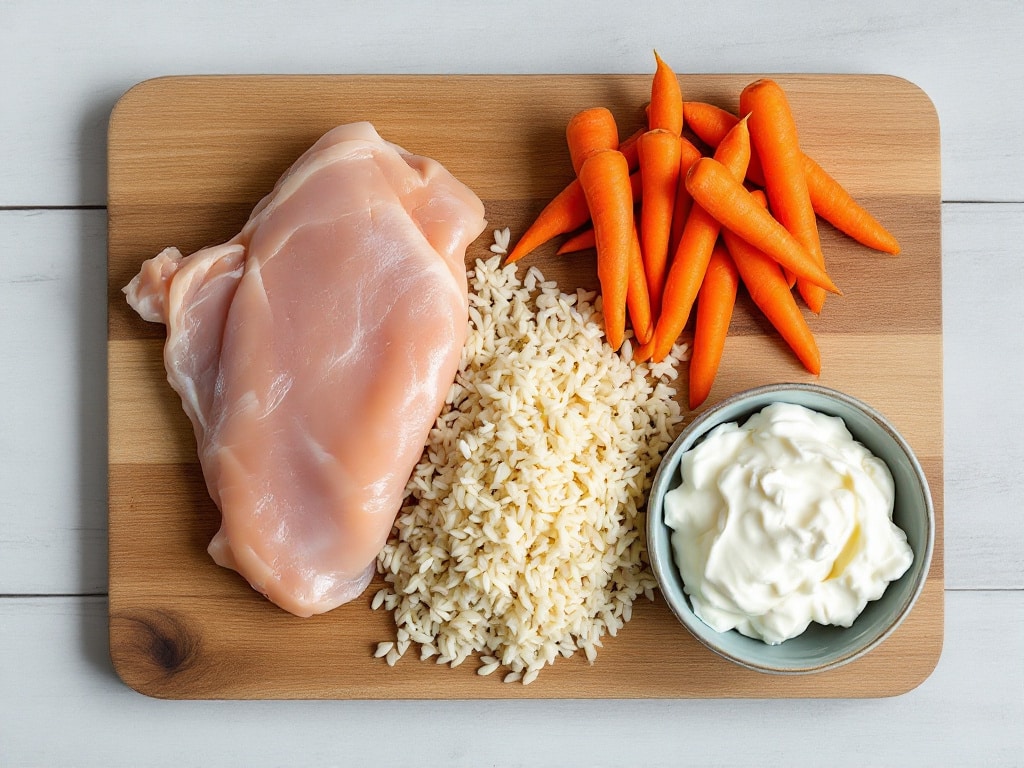 Hähnchenbrust, Reis, Karotten und körniger Frischkäse auf einem Holzbrett.