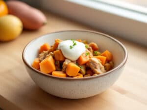 Gekochtes Hähnchen-Topping mit Süßkartoffel, Paprika und Quark in einem Napf