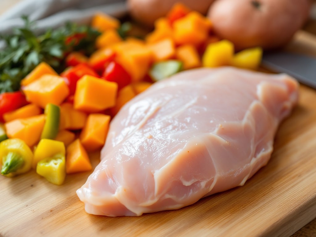 Gewürfeltes Hähnchen, Süßkartoffel und Paprika auf einem Schneidebrett