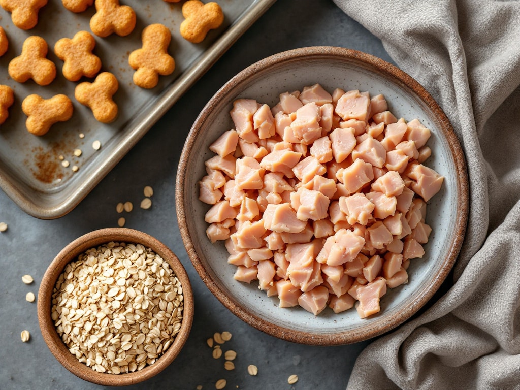 Gegartes Hähnchen, Haferflocken, Ei und geformte Happen vor dem Backen