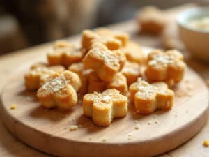 Kleine gebackene Käse-Katzenleckerlis auf einem Holzbrett