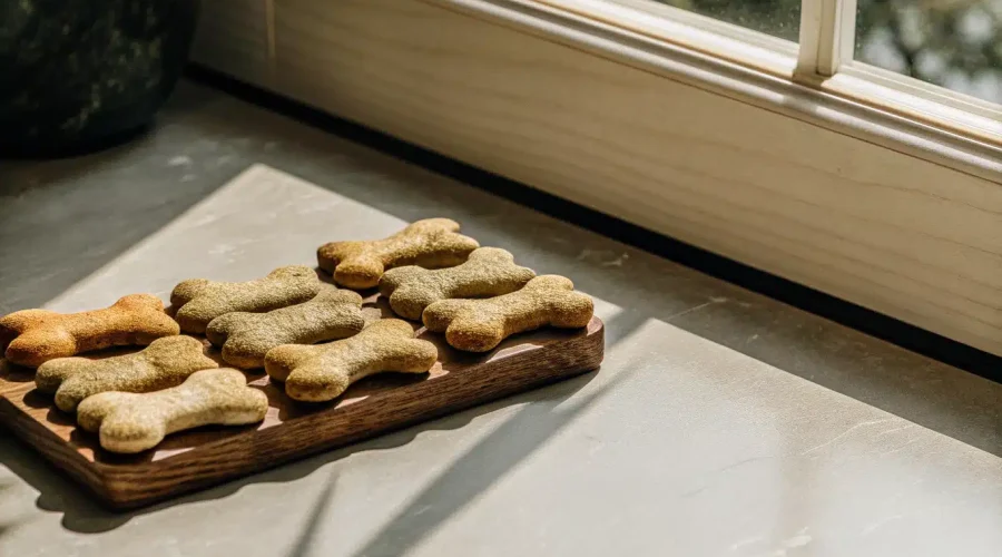 Kleine Hundekekse in Knochenform auf einem Holzbrett