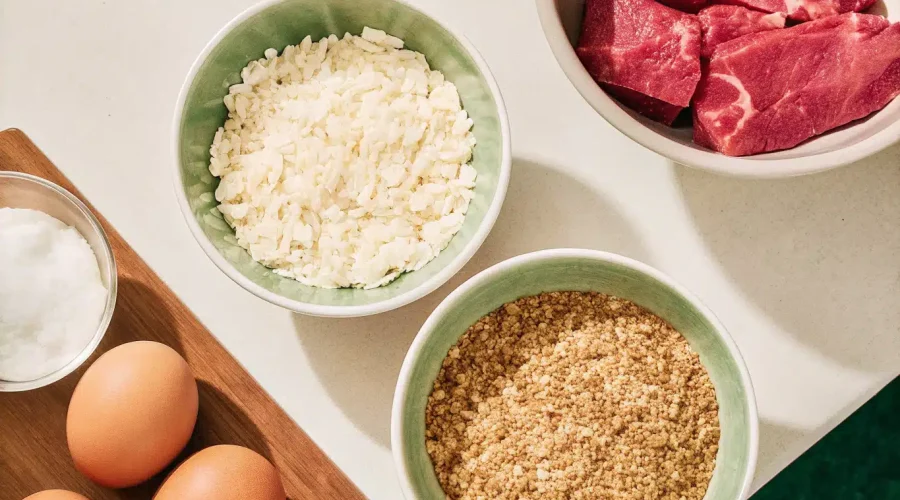 Geriebener Hartkäse, Quark, Haferflocken und Eier als Zutaten für Hundekekse
