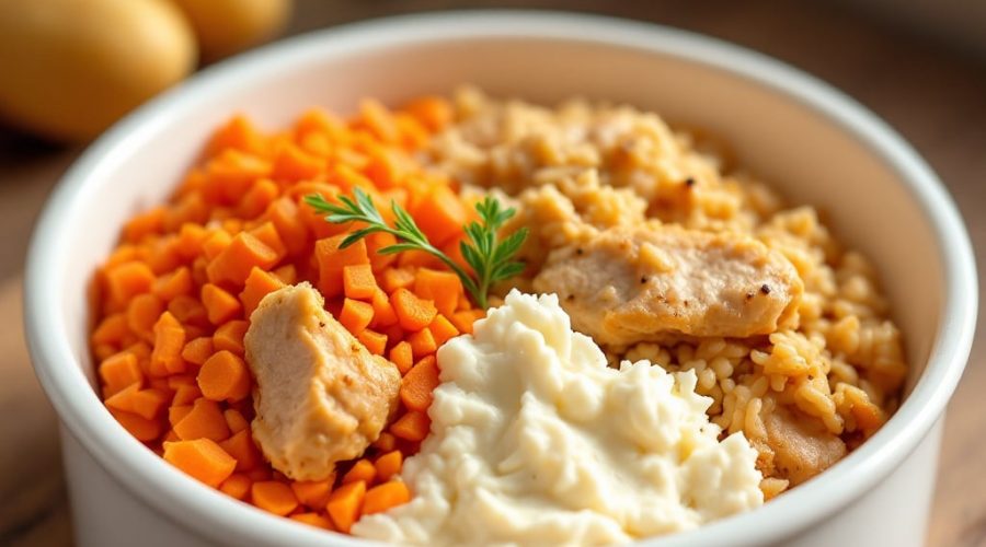 Gekochtes Hähnchen mit weichem Reis, Karotten und körnigem Frischkäse in einem Napf.