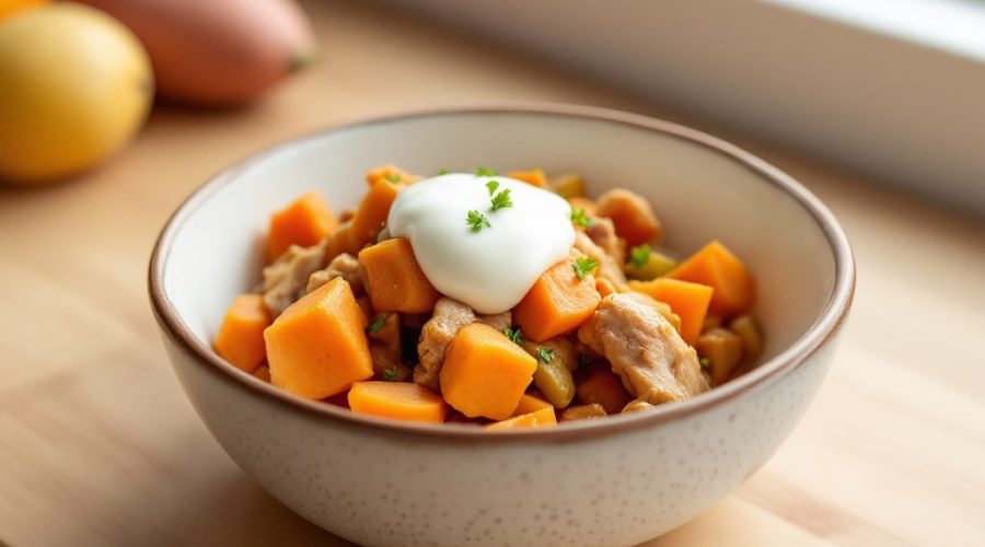 Gekochtes Hähnchen-Topping mit Süßkartoffel, Paprika und Quark in einem Napf