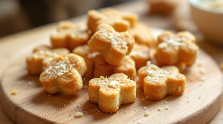 Kleine gebackene Käse-Katzenleckerlis auf einem Holzbrett