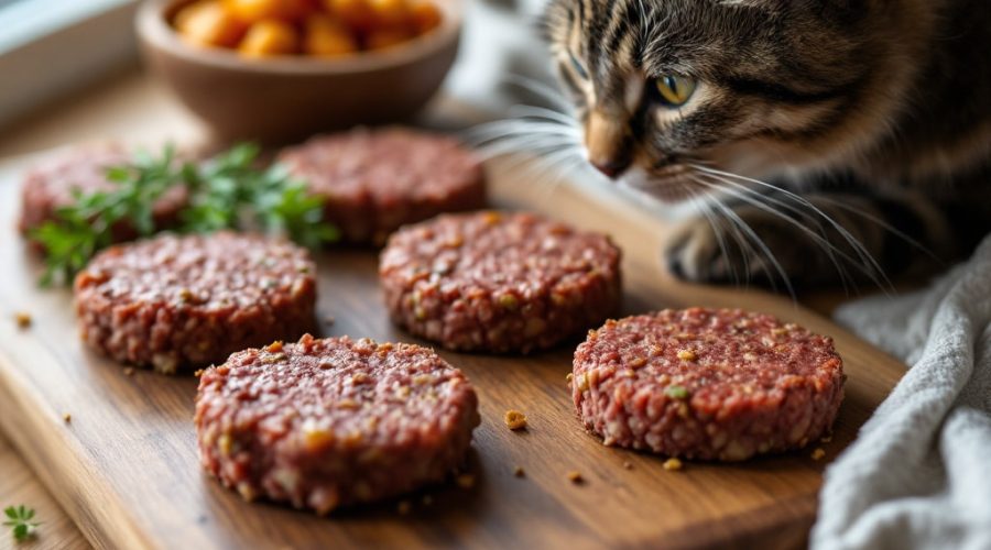 Kleine durchgegarte Rindfleisch-Frikadellen auf einem Holzbrett